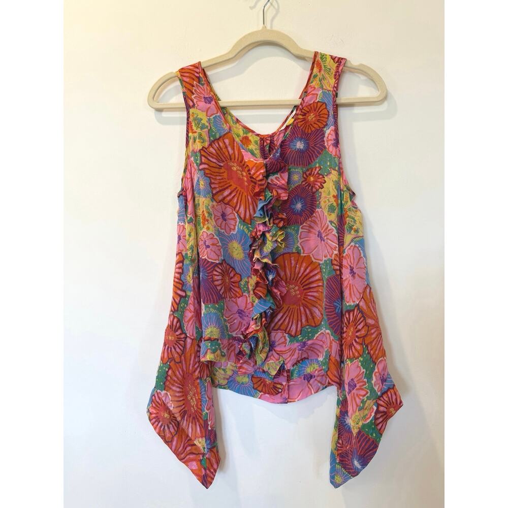 Anthropologie Leifsdottir 100% silk floral handkerchief hem tank 8 ruffle boho